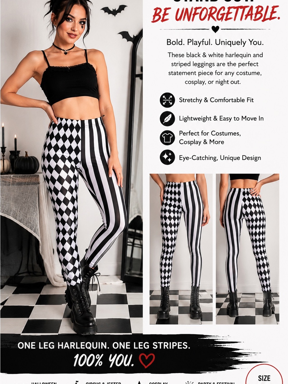 Black & White Harlequin Stripe Leggings - Bold Contrast Pattern